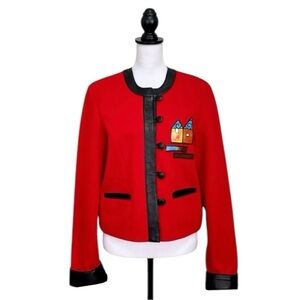 Pikamo Vintage 90s Statement Jacket Art To Wear Leather Trim Wool Blend Red XL